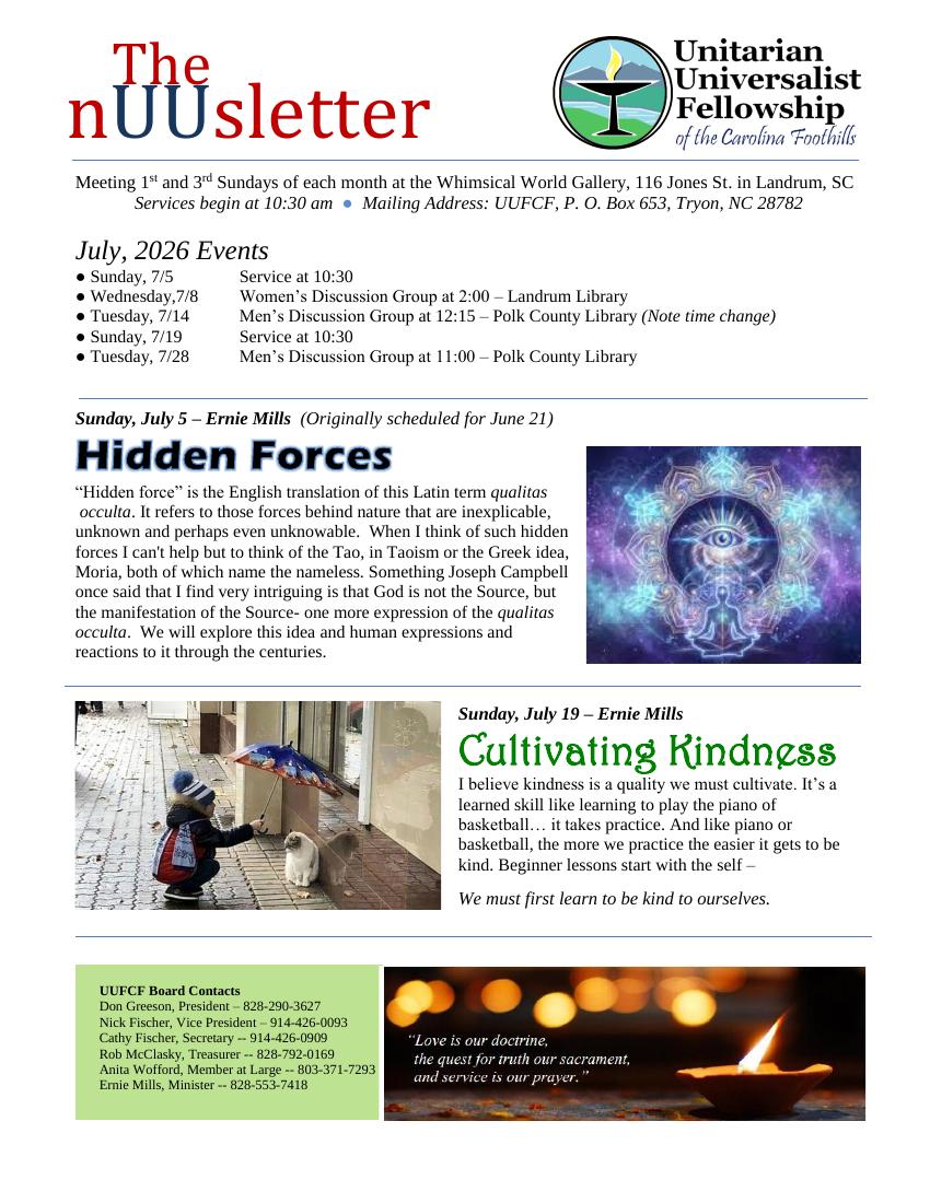 Front page of July 2026 nUUsletter