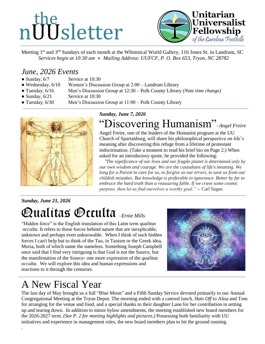 Front page of June 2026 nUUsletter