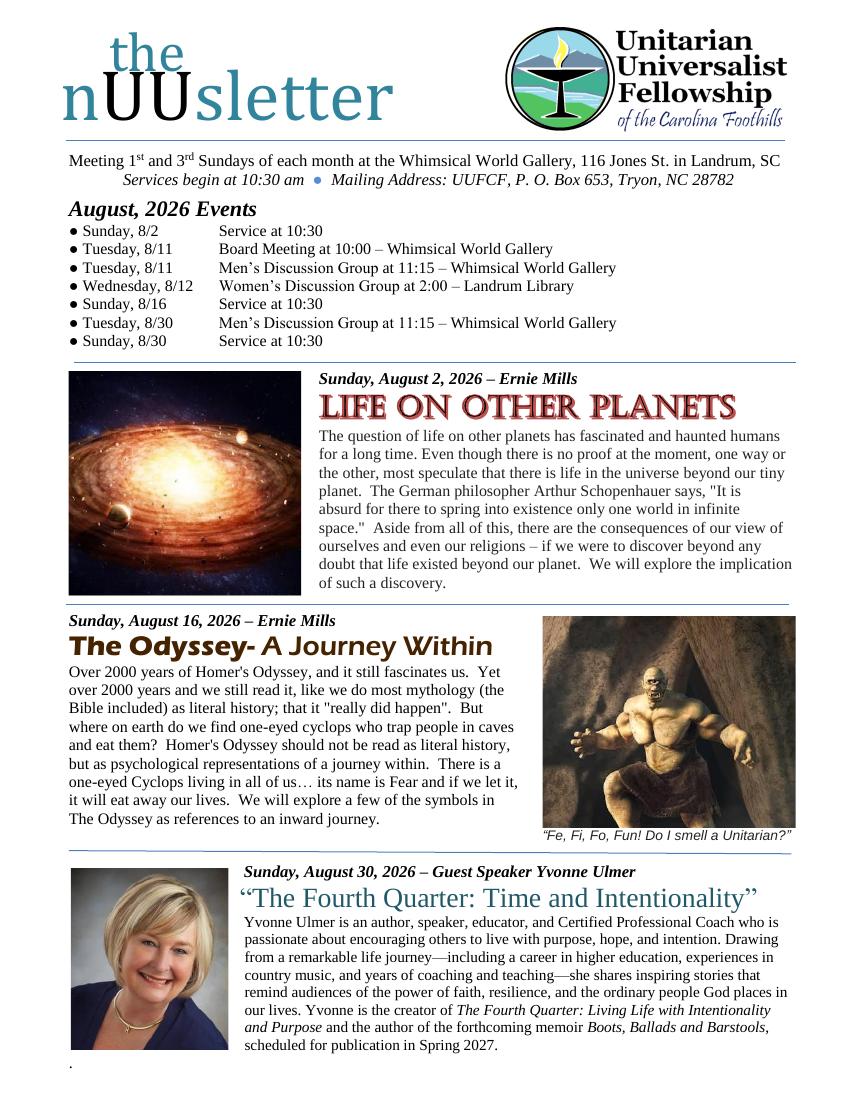 Front page of August 2026 nUUsletter